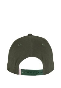 Grønn bomull baseball cap med buet skjerm, justerbar plast snapback-lukking og ventilasjons hull bak.