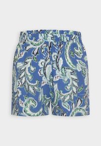 Shorts bleus avec une ceinture élastique présentant un motif floral paisley vert et blanc sur un fond uni.