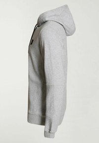 Vista lateral de una sudadera con capucha de color gris claro, con puños y dobladillo acanalados, que presenta un pequeño logo negro en el pecho.