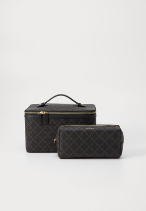 Black and brown patterned cosmetic bag set; larger box shape with a handle, smaller cylindrical bag; gold zippers and hardware accents.