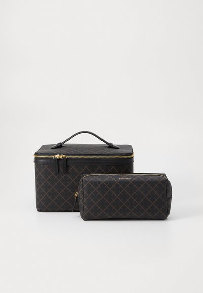 Black and brown patterned cosmetic bag set; larger box shape with a handle, smaller cylindrical bag; gold zippers and hardware accents.