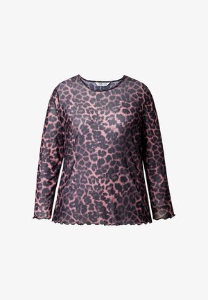 Pitkähihaisessa, läpinäkyvässä leopardikuvioisessa paidassa on mustaa ja tummanpunaista väriä, pyöreä pääntie ja röyhelöreunat hihoissa sekä helmassa.