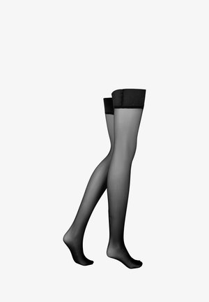 Calze autoreggenti nere opache fino alla coscia, con una superficie liscia e una ampia fascia superiore in satin, caratterizzate da un corpo senza cuciture e una finitura opaca.