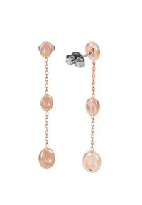 Roséguldörhängen med tre släta, runda pärlor länkade av en delikat kedja; inkluderar en metallbakgrund för säker bärning.