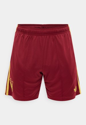 Bordinės sportinės šortai su geltonomis juostelėmis šonuose, su elastine juosmens juosta ir mažais logotipais prie apatinio krašto ant kiekvienos kojos.