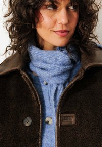 Manteau en laine marron avec un col en cuir marron, écharpe en tricot bleue et pull bleu clair avec des boutons et un motif texturé.