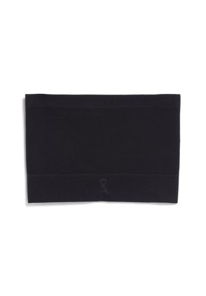 Zwarte gebreide hoofdband met een geribbelde structuur, voorzien van een watermerkslogo. Gladde afwerking en constante kleur door de gehele stof.