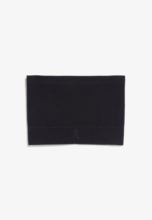 Zwarte gebreide hoofdband met een geribbelde structuur, voorzien van een watermerkslogo. Gladde afwerking en constante kleur door de gehele stof.