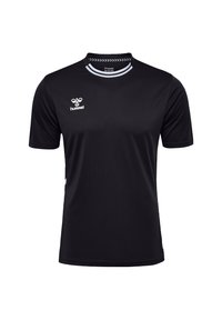 T-shirt de sport noir en tissu doux et léger. Présente un col rond avec des accents blancs et un petit logo sur la poitrine. Manches courtes.