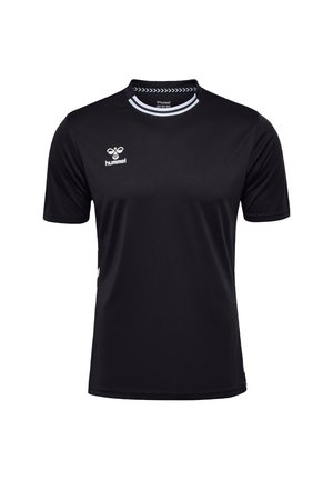 Zwarte sport t-shirt gemaakt van zachte, lichte stof. Heeft een ronde kraag met witte accenten en een klein logo op de borst. Korte mouwen.