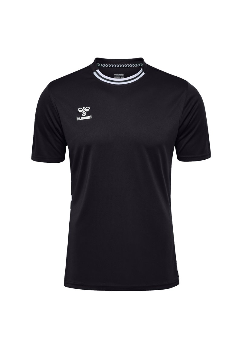 T-shirt de sport noir en tissu doux et léger. Présente un col rond avec des accents blancs et un petit logo sur la poitrine. Manches courtes.