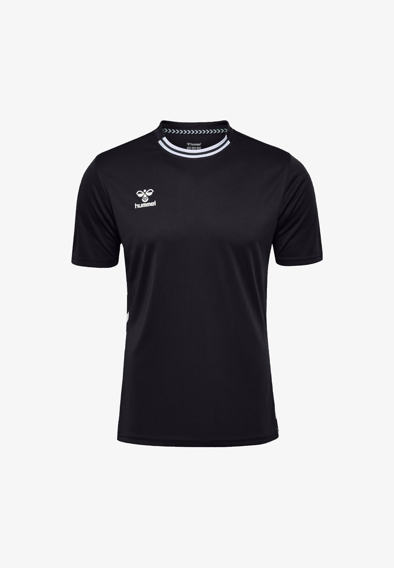 T-shirt de sport noir en tissu doux et léger. Présente un col rond avec des accents blancs et un petit logo sur la poitrine. Manches courtes.