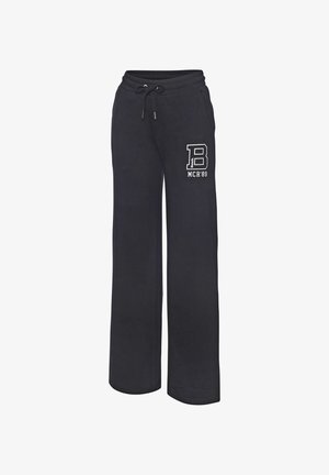 Black wide-leg sweatpants with drawstring waist and white "B MCR'89" logo on left thigh.
