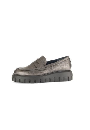 Leather loafers in metallic grey, featuring a textured upper, decorative strap, and thick black rubber sole with grooves.