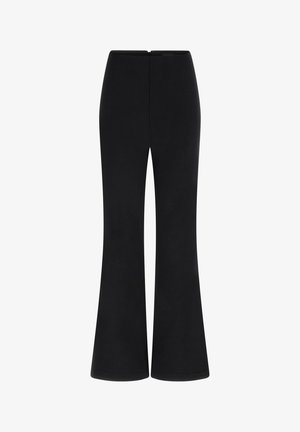 Pantaloni neri a zampa d'elefante realizzati in un tessuto morbido ed elastico; presentano una cintura aderente e una zip posteriore nascosta. Texture liscia senza motivi.
