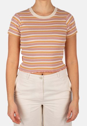 Cotton striped T-shirt with short sleeves, crew neck, and ruffled hem. Colors include orange, yellow, pink, and white stripes.
