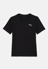 Svart bomullst-skjorte med korte ermer, rund halslinning og liten hvit Puma-logo trykket på venstre bryst. Myk tekstur.