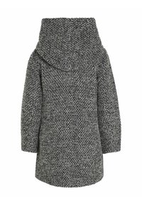 Gray patterned coat with a wide hood, irregular texture, and loose fit. Features long sleeves and a mid-length design.