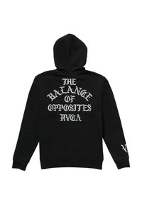 Schwarzer Hoodie mit einem großen weißen Textgrafik auf der Rückseite, die "DAS GLEICHGEWICHT DER GEGENSÄTZE" liest. Mit Kapuze und gerippten Bündchen.