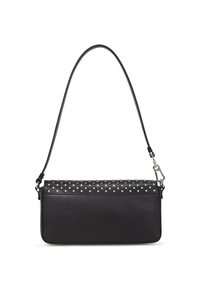 Sac en cuir noir avec un bord supérieur clouté, texture lisse, bandoulière réglable et accents en métal argenté.