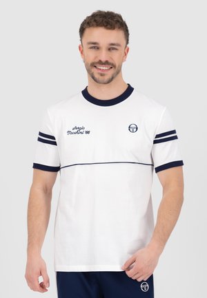 White short-sleeve t-shirt with navy blue accents, featuring a round neck, striping on sleeves, and brand logo on the chest and side.