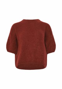 Teksturowany, g�łęboko czerwony sweter dzianinowy z okrągłym dekoltem i krótkimi, szerokimi rękawami. Luźny krój z lekko zaokrąglonym dołem.