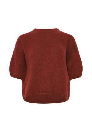Texturerad, djupröd stickad tröja med rundad halsringning och korta, breda ärmar. Lätt lös passform med en något rundad nederkant.