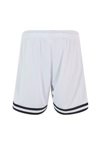 Shorts de sport en maille blanche avec une ceinture noire solide et deux rayures noires horizontales au bas. Texture douce avec une coupe ample.