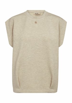 Beež värvi varrukateta ümarseljaga topp, millel on kerge õlapadi ja väike dekoratiivne ruudukujuline detail kaeluse all.