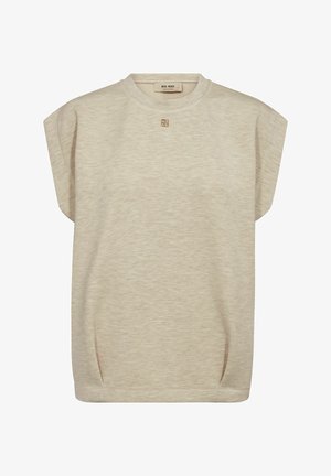 Top beige senza maniche con scollo tondo, leggero imbottitura sulle spalle e piccolo dettaglio decorativo quadrato sotto la scollatura.