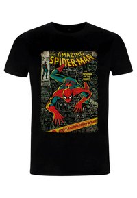 Black cotton T-shirt featuring a colorful Spider-Man comic design with red, blue, and yellow accents, and text in a vintage comic style.