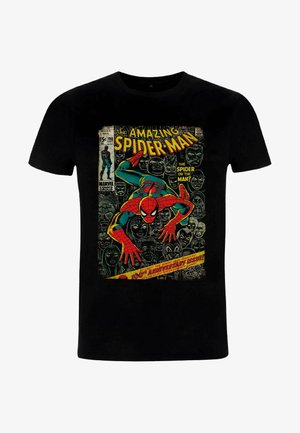 Black cotton T-shirt featuring a colorful Spider-Man comic design with red, blue, and yellow accents, and text in a vintage comic style.