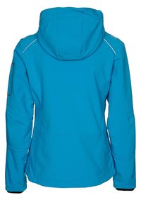 Giacca softshell blu con cappuccio, caratterizzata da una texture liscia, ventilazione posteriore e dettagli riflettenti lungo le cuciture.