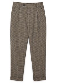 Pantalon à carreaux marron et noir à coupe décontractée, avec une fermeture à bouton, deux plis à l'avant et un ourlet fuselé. Tissu léger.