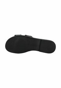 Sort sandal sål med struktureret skridsikker mønster. Har to justerbare stropper. Materialet ser syntetisk ud med en glat overflade.