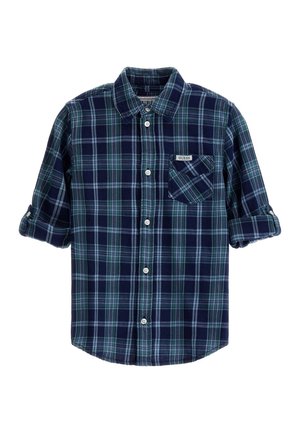 Koszula na guziki w granatowo-zieloną kratę z podwiniętymi rękawami i kieszenią na piersi z napisem "GUESS".