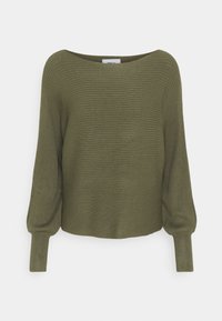 Suéter de punto acanalado verde oliva con un escote ancho, mangas abullonadas y puños ajustados, que presenta una tela texturizada y suave.