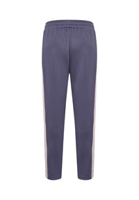 Purple track pants with a smooth texture, featuring a solid color and contrasting light pink side stripes. Elastic waistband for secure fit.