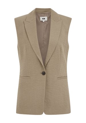 Bež brezrokavnik z zarezanimi reverji, zapiranjem na en črn gumb in dvema sprednjima žepoma z odprtino, z gladko notranjo podlogo.