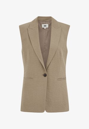 Beige ærmeløs blazer med hakket revers, enkelt sort knaplukning og to forlommer med slidser, med en glat indvendig foring.