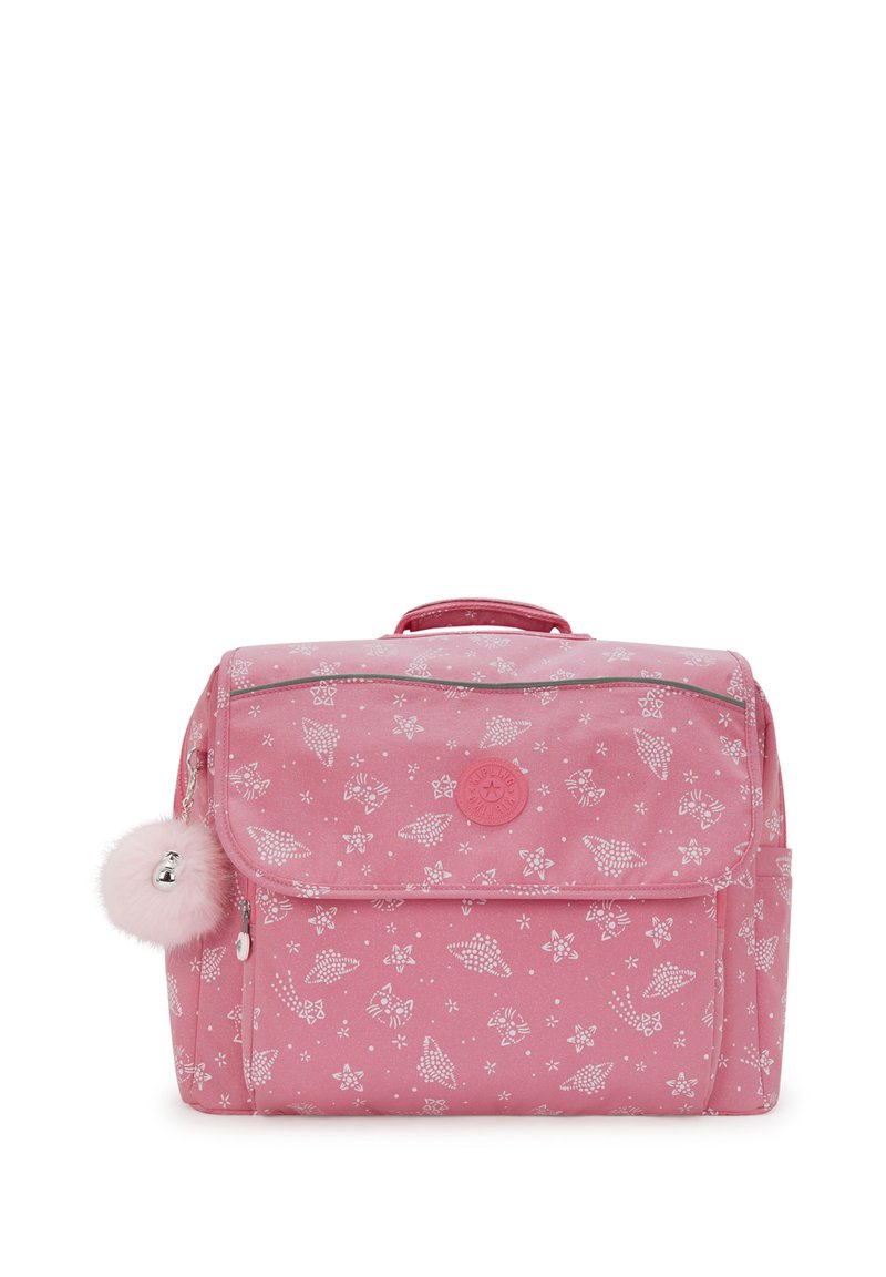 Zaino rosa in tessuto, con chiusura a pattina, motivi floreali bianchi, un logo rotondo e un portachiavi in pom-pom rosa peloso.