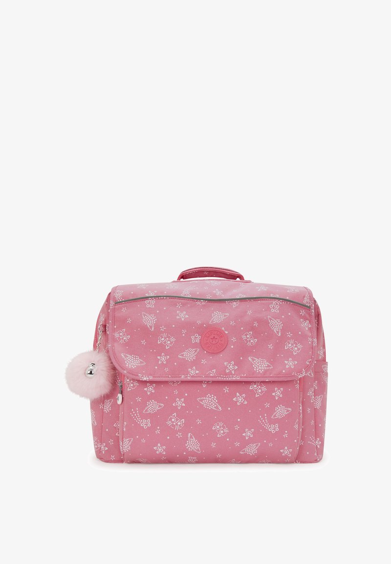 Zaino rosa in tessuto, con chiusura a pattina, motivi floreali bianchi, un logo rotondo e un portachiavi in pom-pom rosa peloso.