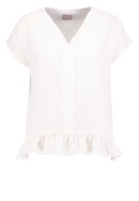 Weißes Kurzarmoberteil mit V-Ausschnitt, Knopfleiste und gerafftem Saum, aus leichtem Stoff. Glatte Textur, schlichtes Design.