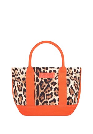 Piccola borsa tote con manici e bordi arancioni, con corpo in tessuto stampato leopardato e patch logo frontale.
