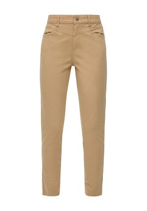 Pantalons en mélange de coton beige avec une coupe ajustée, dotés de deux poches avant et de détails de couture discrets. Taille avec passants de ceinture et fermeture à bouton à l'avant.