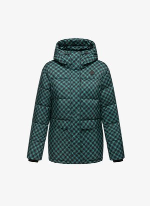 Teal and black patterned puffer jacket with a hood, featuring a zip front, two side pockets, and elastic cuffs for warmth.