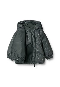 Donkergroen pufferjack met capuchon, voorzien van een sterrenpatroon in lichte kleuren, elastische manchetten en een ritssluiting aan de voorkant. Gladde, gewatteerde textuur.