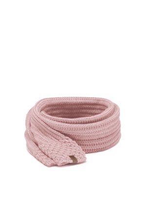 Knitted scarf in soft pink, featuring a textured finish and braided patterns. Flexible design with a smooth edge and a small labeled tag.