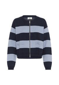 Cardigan in maglia a righe blu e navy con chiusura a zip, polsini a coste e due tasche frontali. Design corto con una texture morbida.