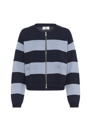 Cardigan in maglia a righe blu e navy con chiusura a zip, polsini a coste e due tasche frontali. Design corto con una texture morbida.